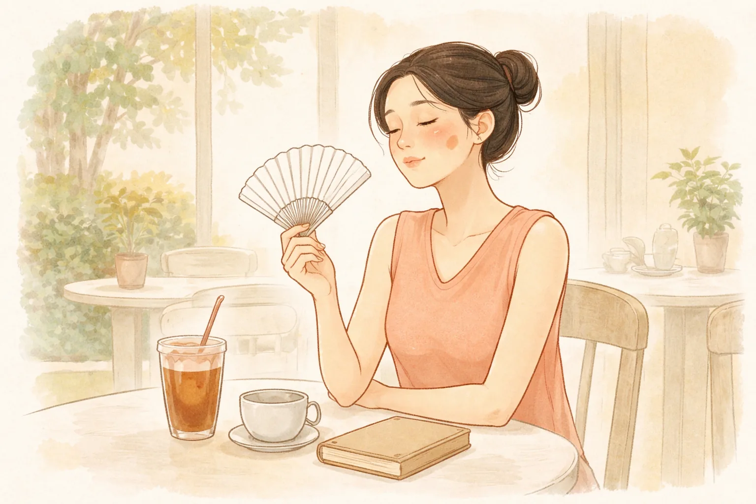 カフェで扇子を使って顔を扇ぐ女性とテーブルの上の飲み物と本