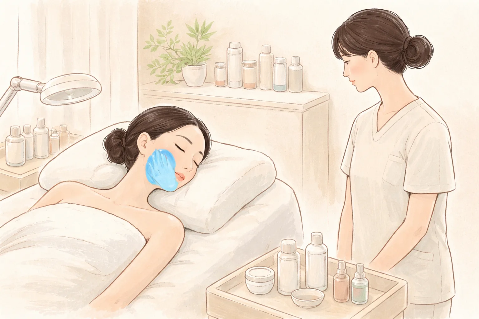 Wanita berbaring di meja prosedur dengan kantong gel pendingin di pipi dan tenaga medis berdiri di sampingnya