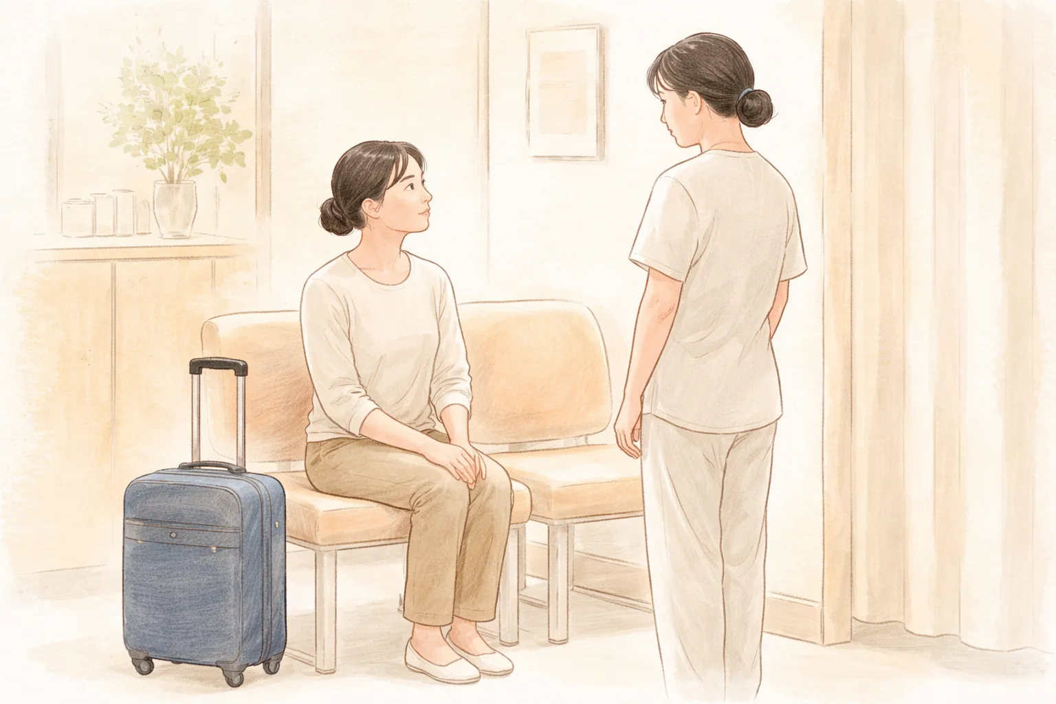 Una mujer sentada junto a una maleta de viaje conversando con una profesional de la salud que está de pie