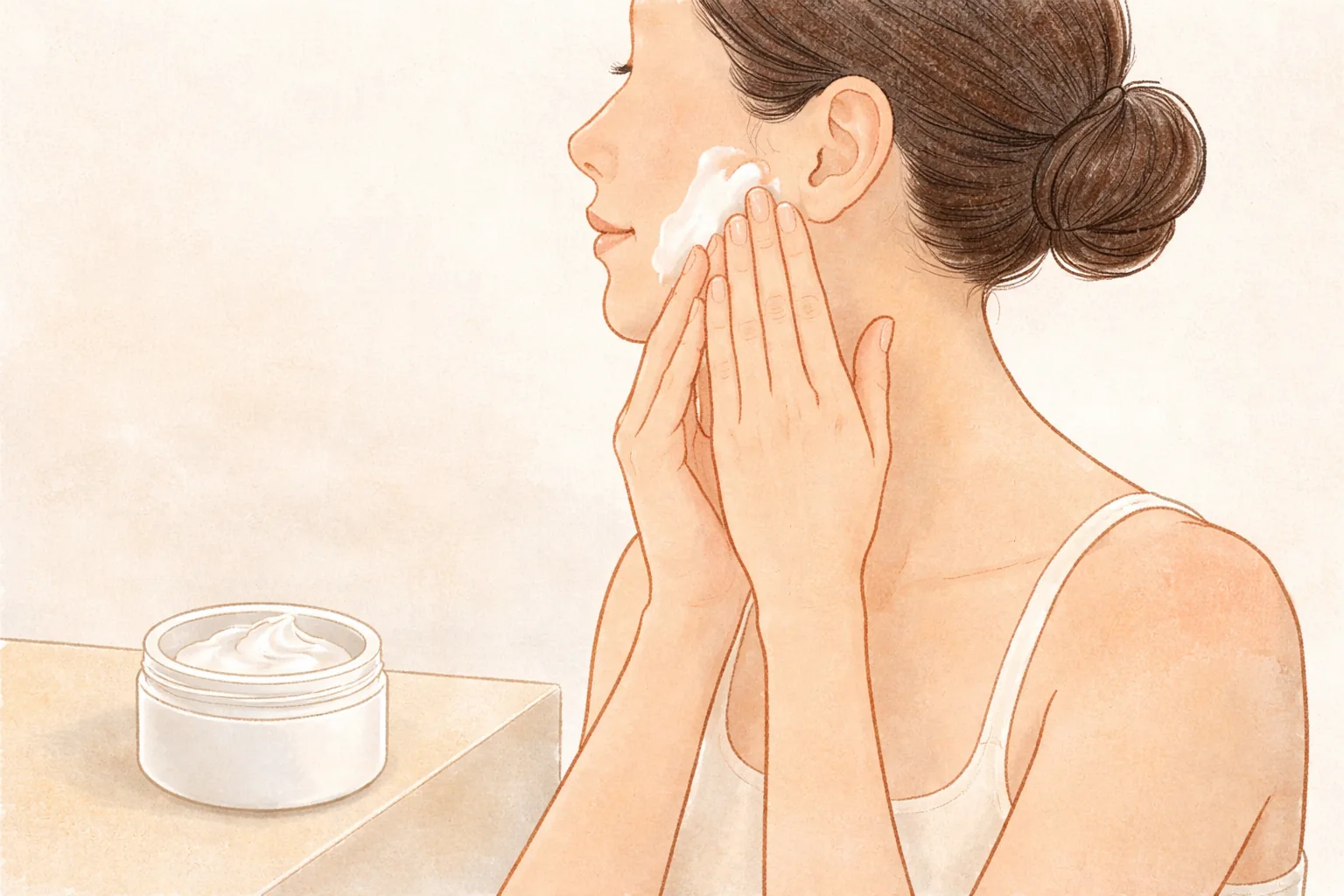 女性將白色乳霜塗在臉上，旁邊有乳霜罐