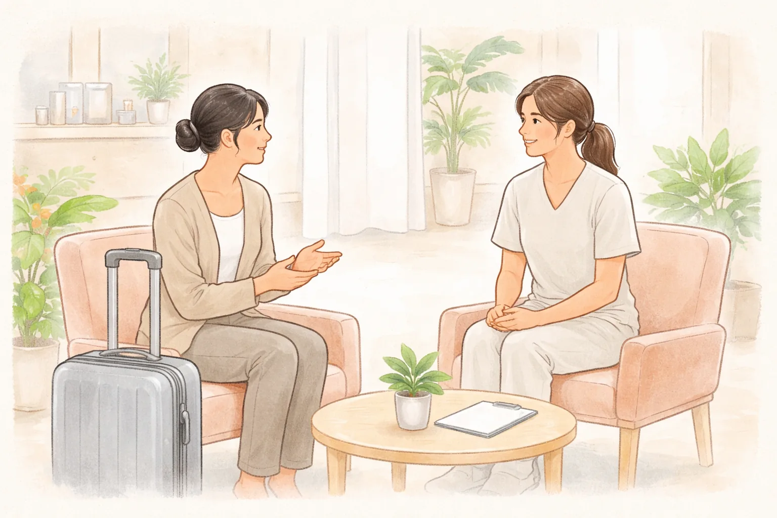 两位女性坐在行李箱旁与医疗人员交谈