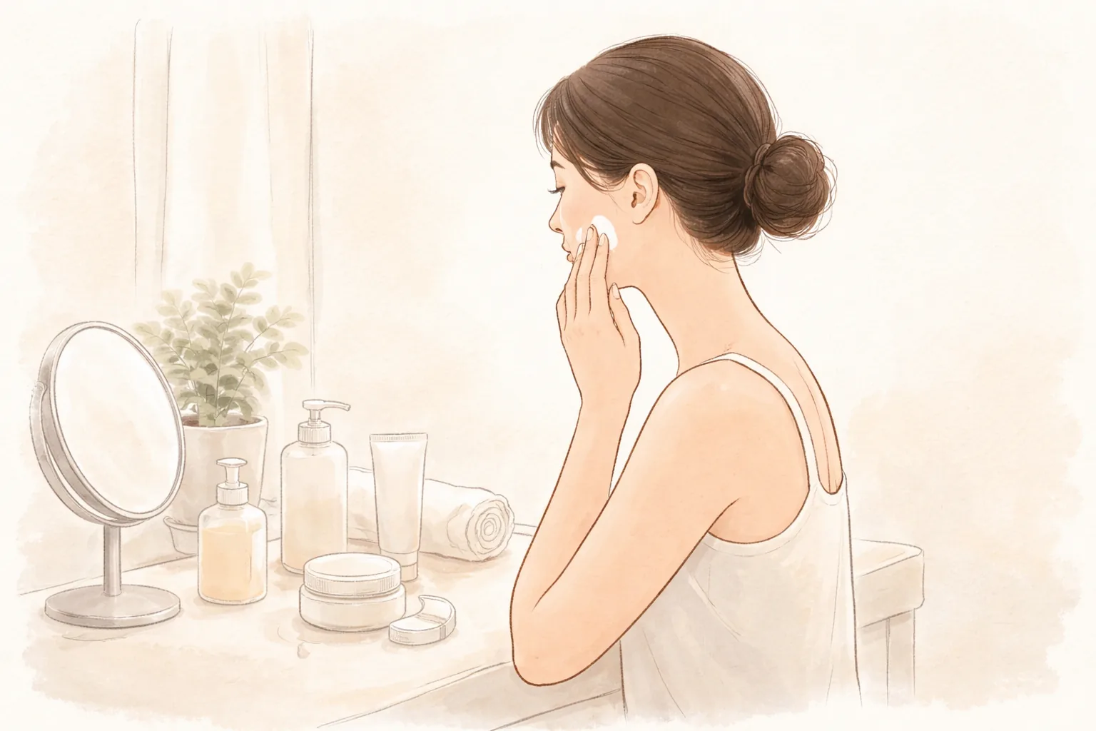 Woman seated before a mirror applying moisturizer to her cheek