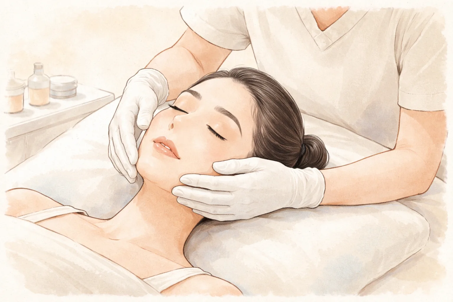 A person in white gloves touching the face of a lying woman