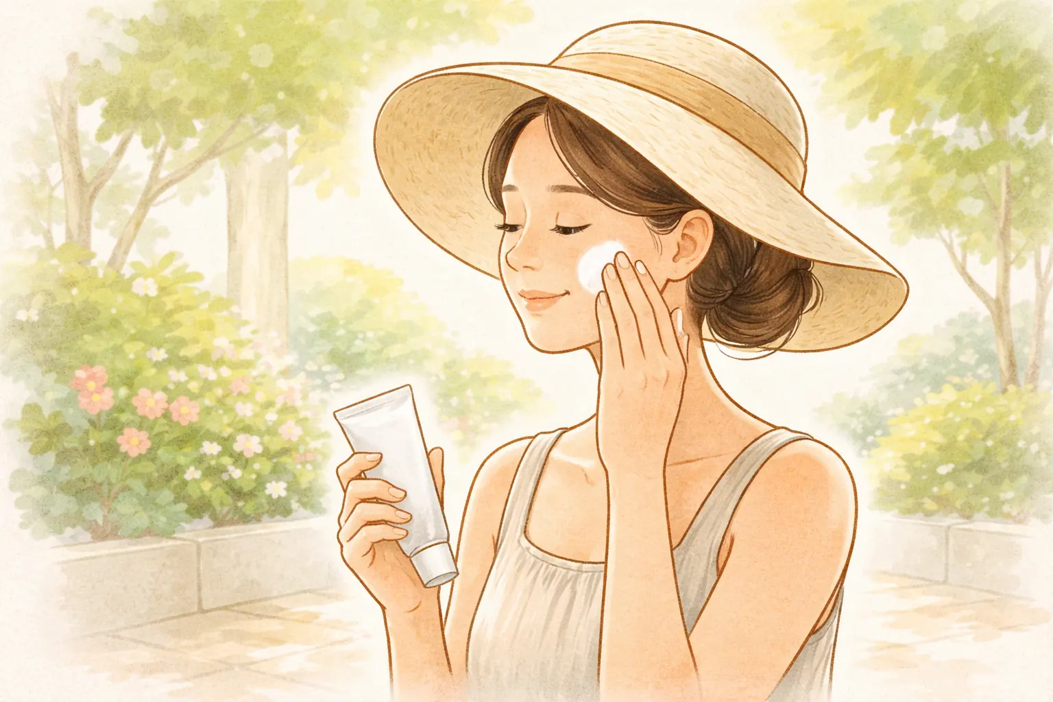 햇빛 아래 야외에서 모자 쓴 여성이 볼에 자외선 차단제 바름