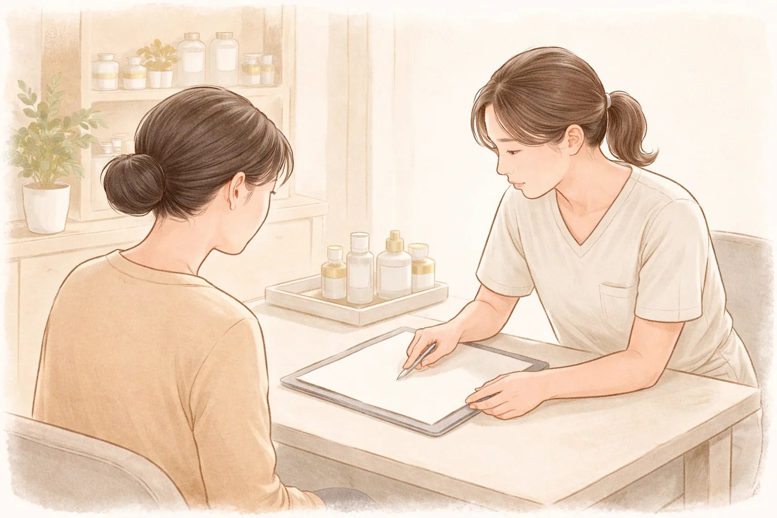醫療人員與女性隔著桌子坐著交談