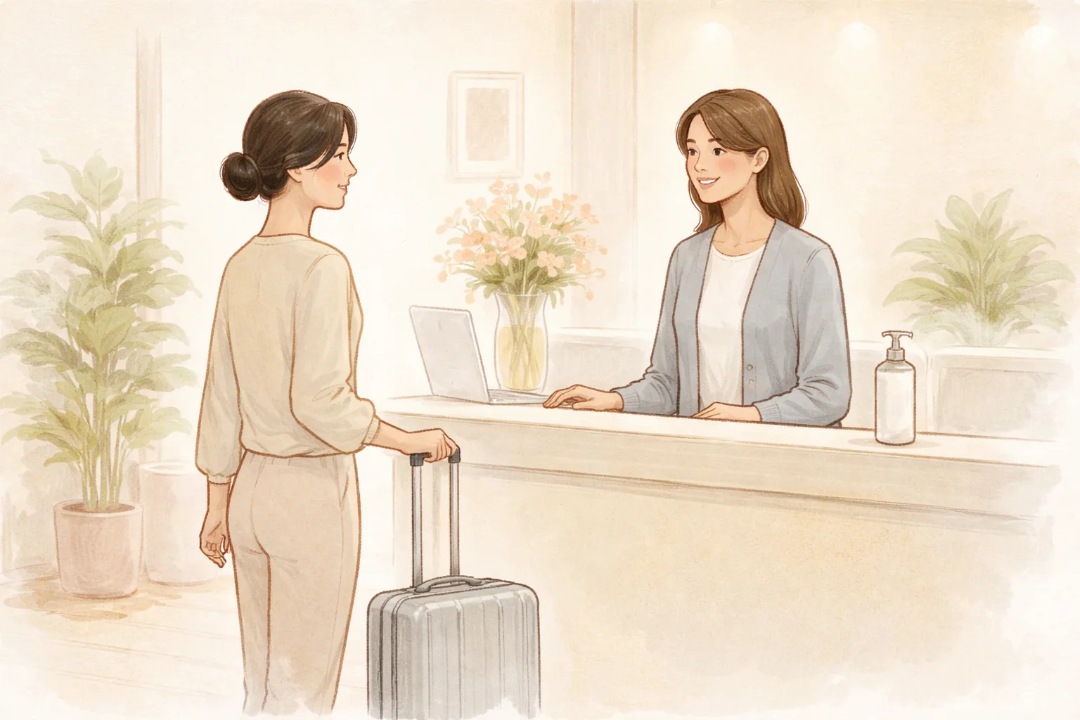 Two women being assisted at a reception desk with suitcases beside them