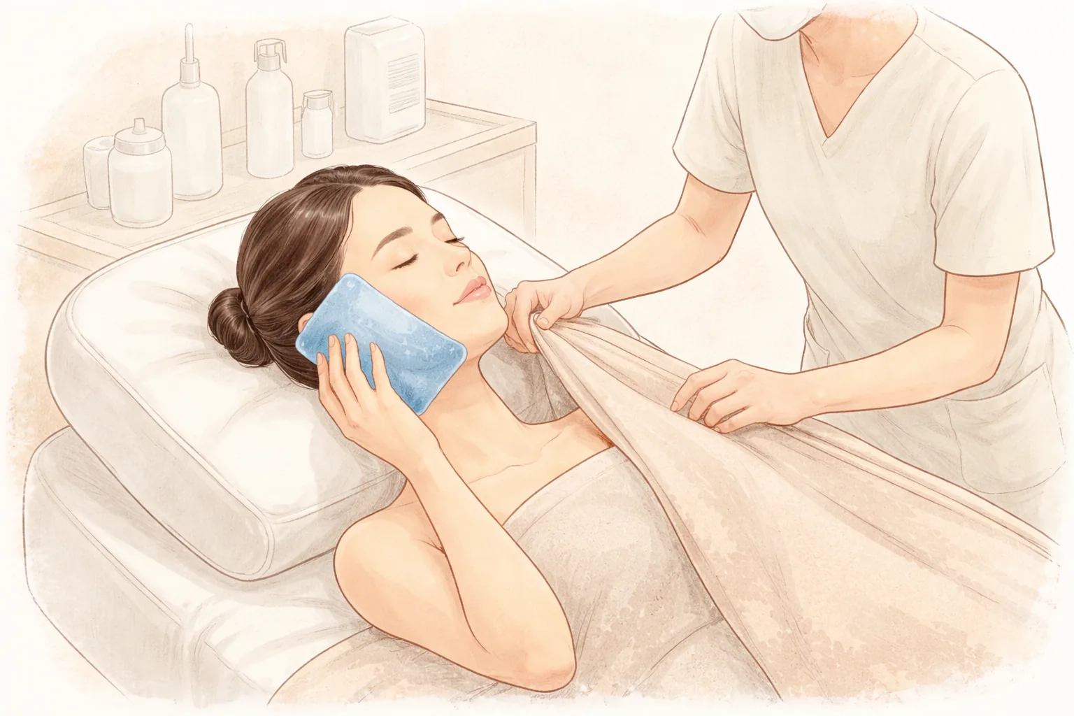 시술받으며 쿨 젤 팩을 얼굴에 대고 누워 있는 여성과 옆에서 수건을 잡고 있는 사람
