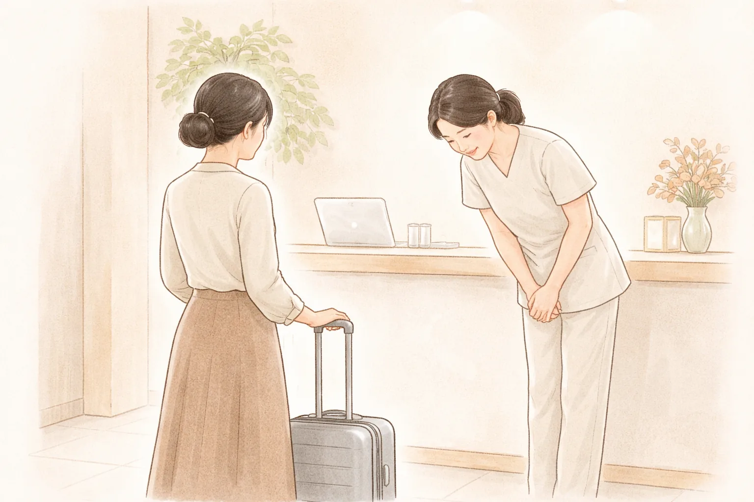 캐리어를 끌고 온 여성과 인사하는 의료진 여성