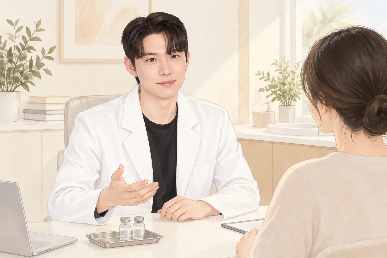 상담실에서 손짓하며 설명하는 남자 의사와 마주 앉은 여성, 테이블 위 유리병 두 개