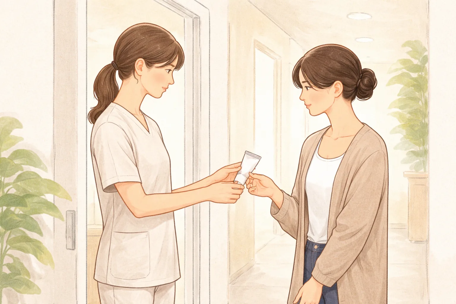 诊室前医护人员把面霜递给女性并说明
