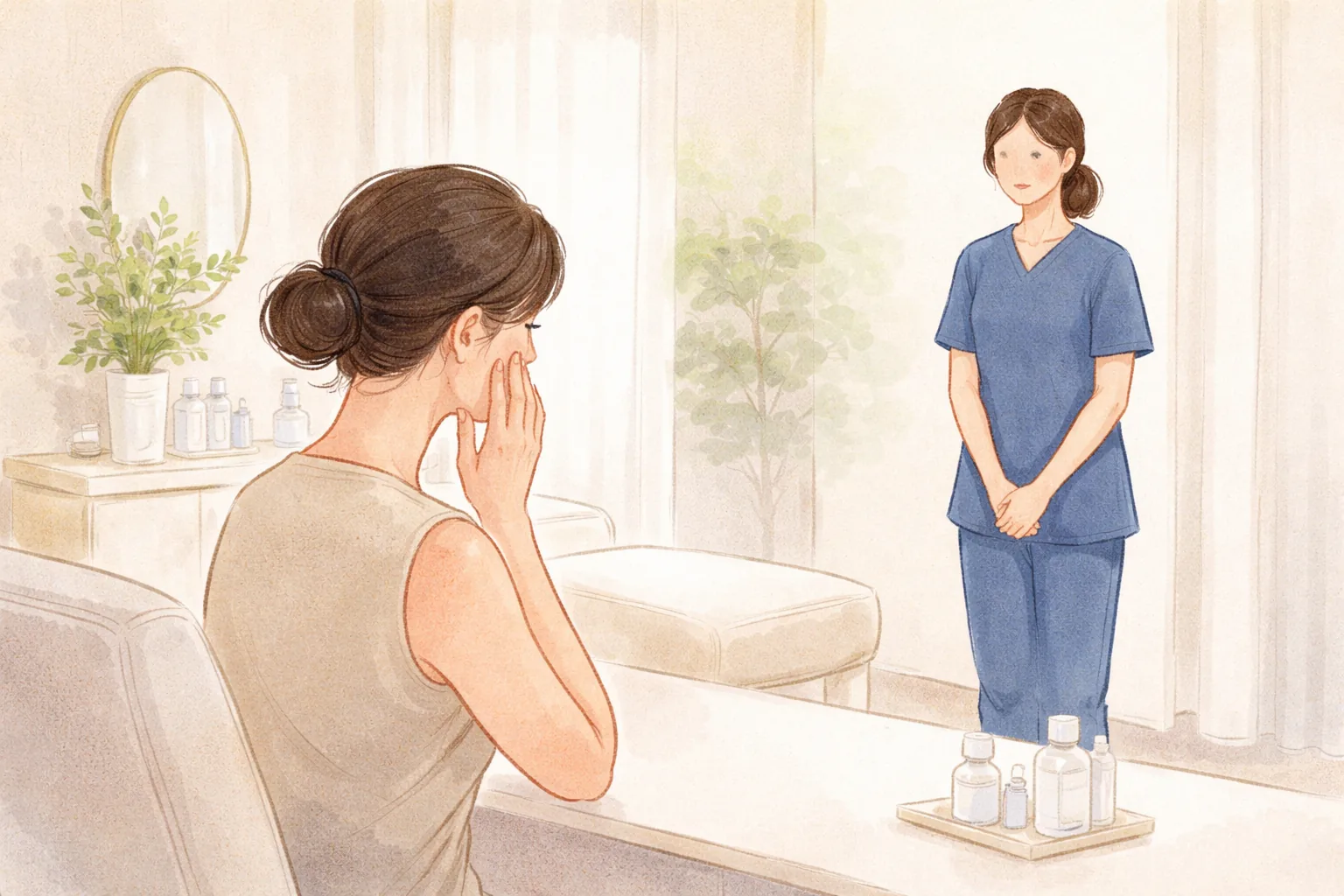 Woman touching her face in front of a mirror facing a person in clinical attire