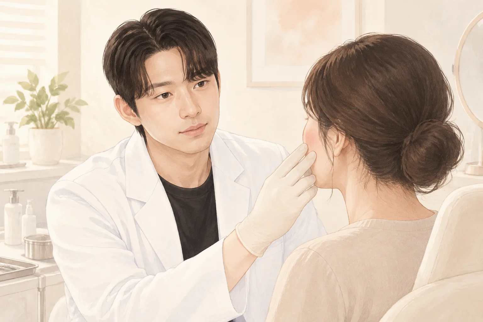 穿白大褂的男子戴着手套查看女性面颊