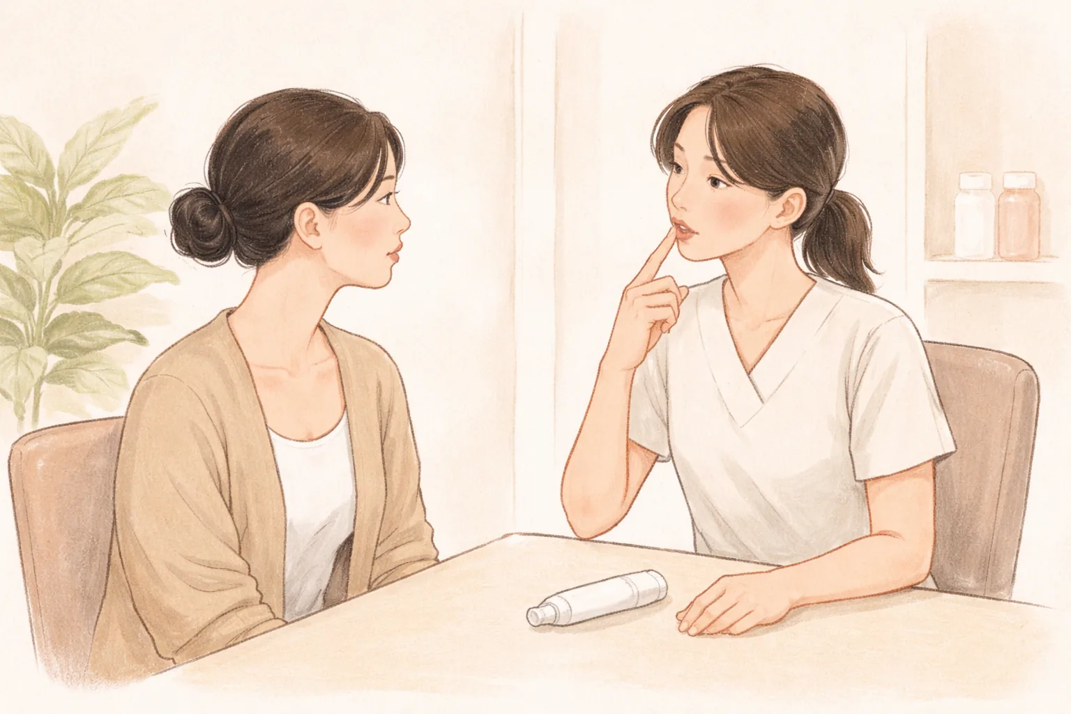 Clinician seated beside a woman explaining an ointment while pointing to her lip