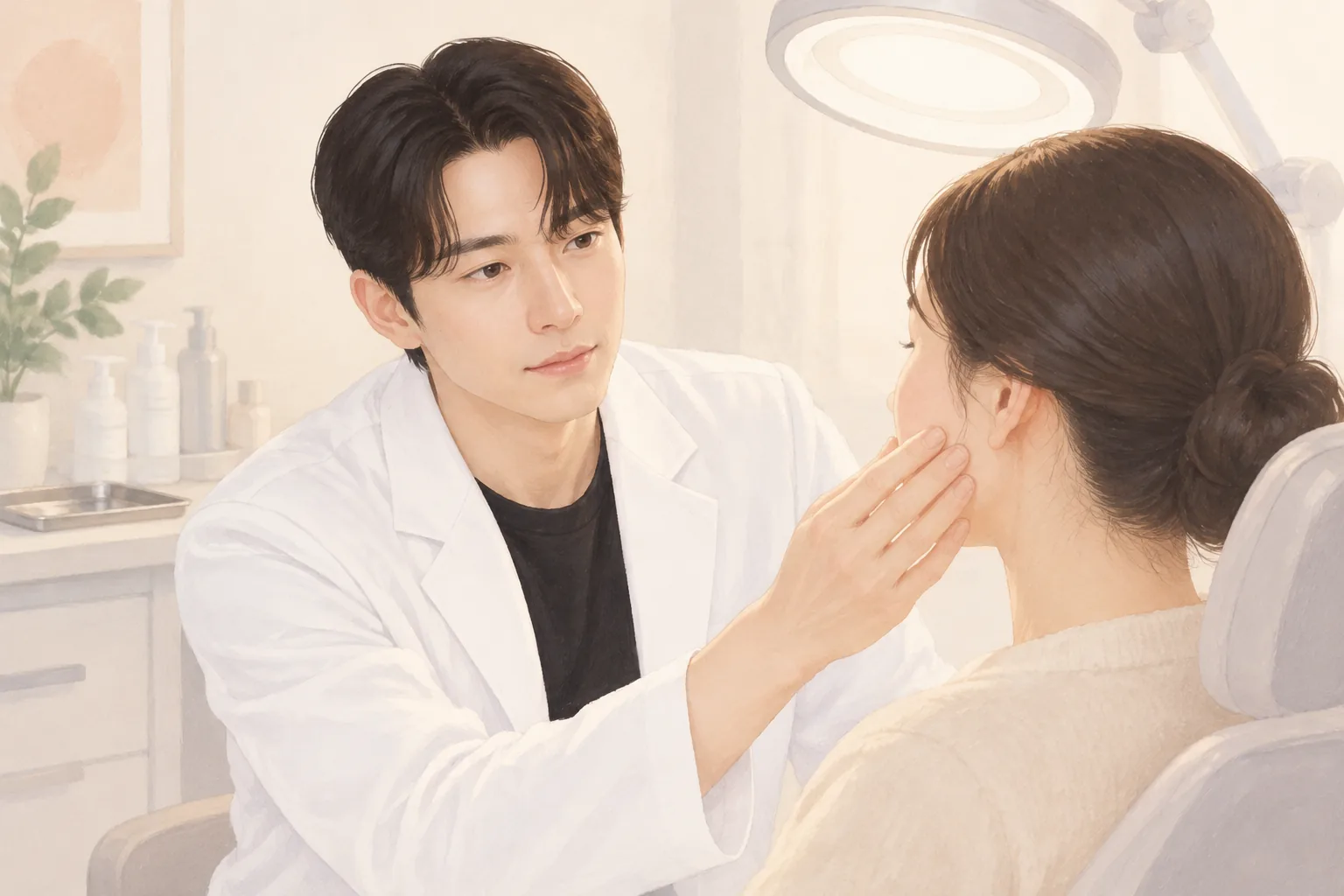진료용 조명 아래에서 여성 환자의 얼굴을 살피는 남성 의사