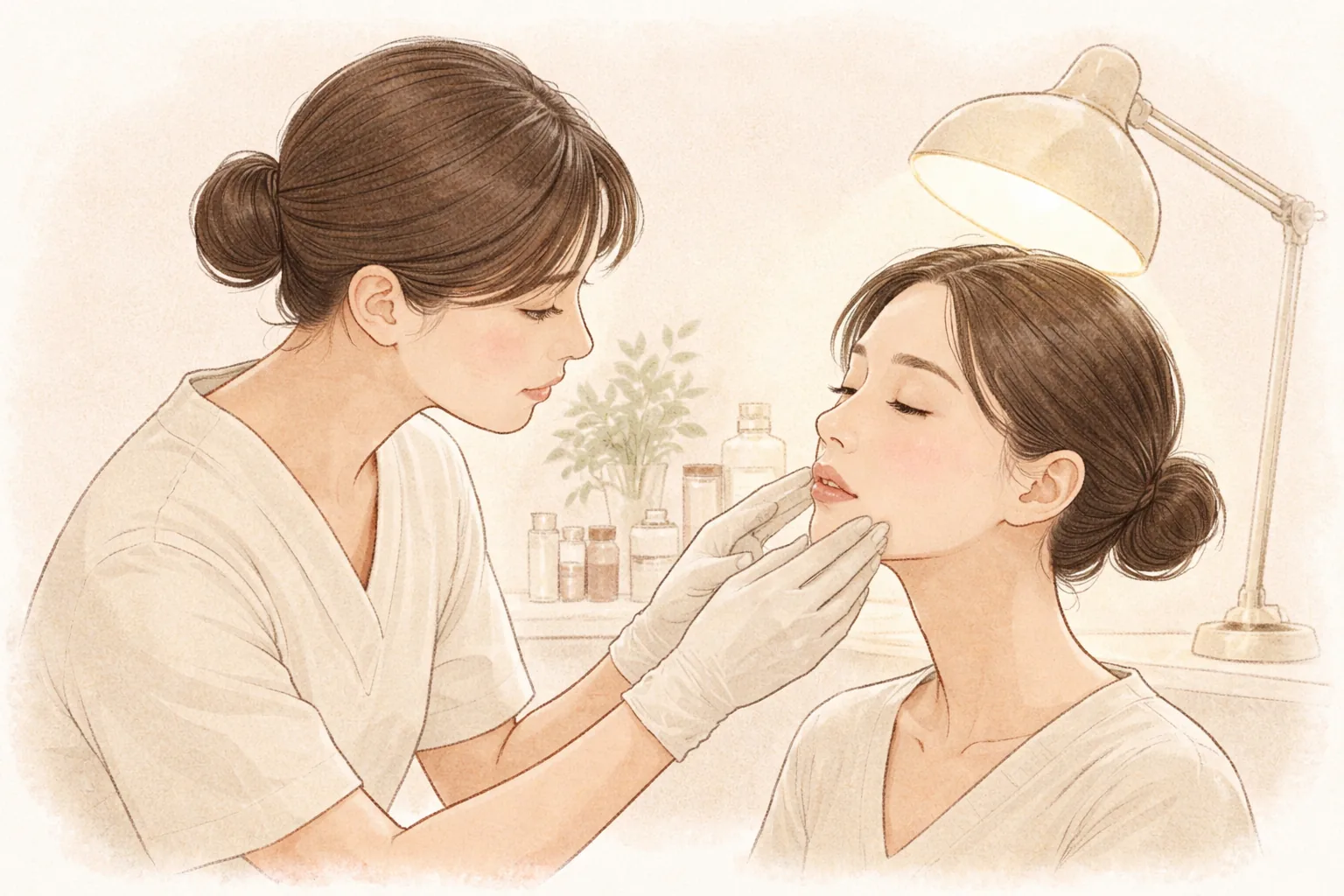 Clinician examining a woman's lips under warm lighting