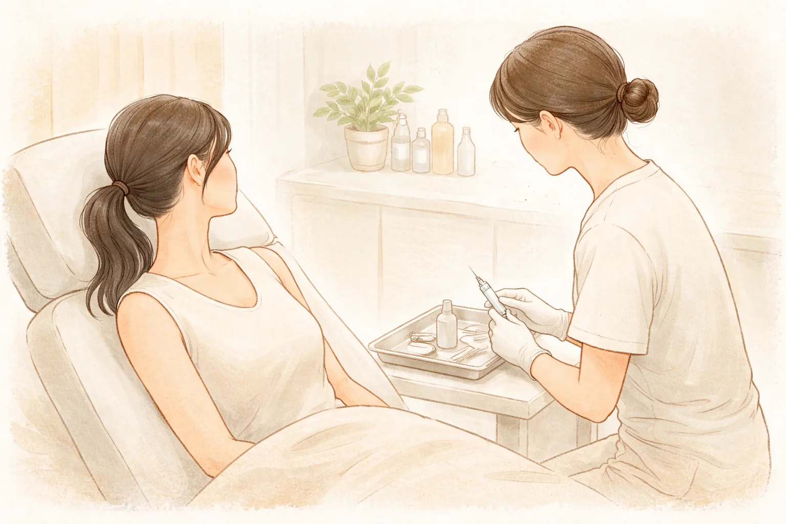 女性躺在诊疗床上,戴手套的医护人员准备注射器