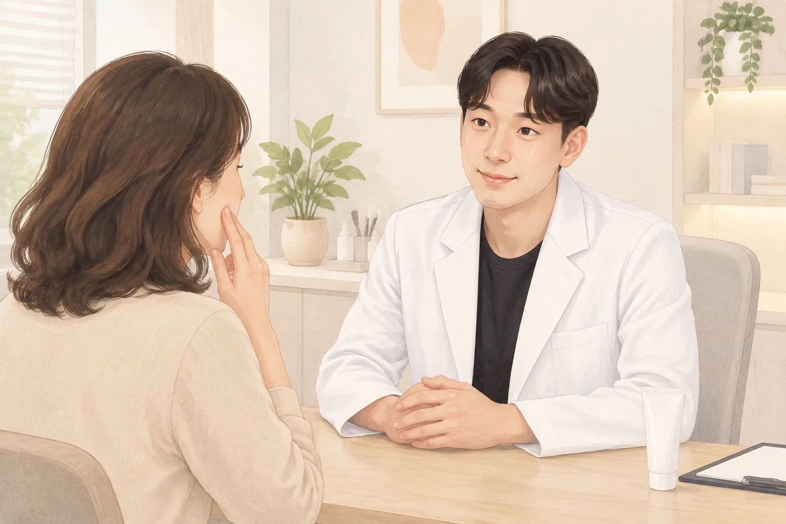 女性が頬を軽く触れながら男性医師と相談する様子
