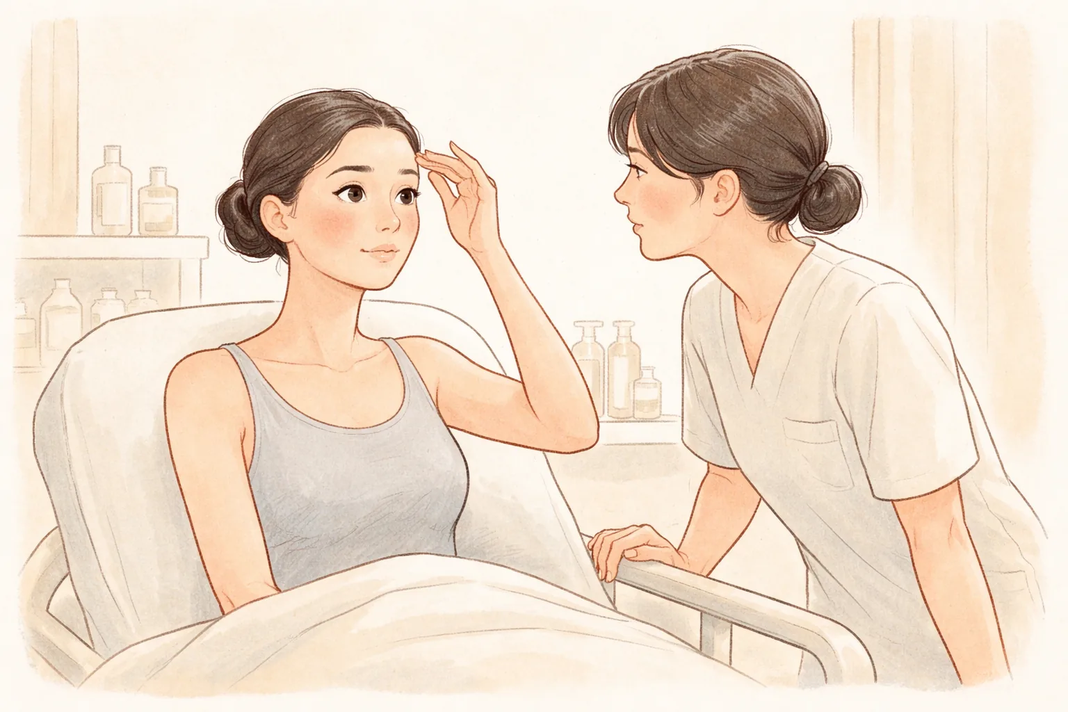 医療スタッフが見守る中、ベッドに座って眉を上げる女性