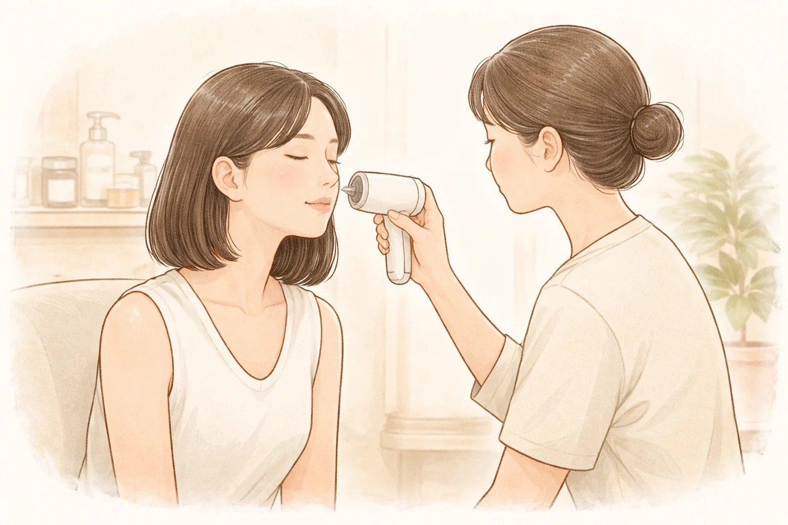 皮膚分析カメラを顔に近づける人と目を閉じている人