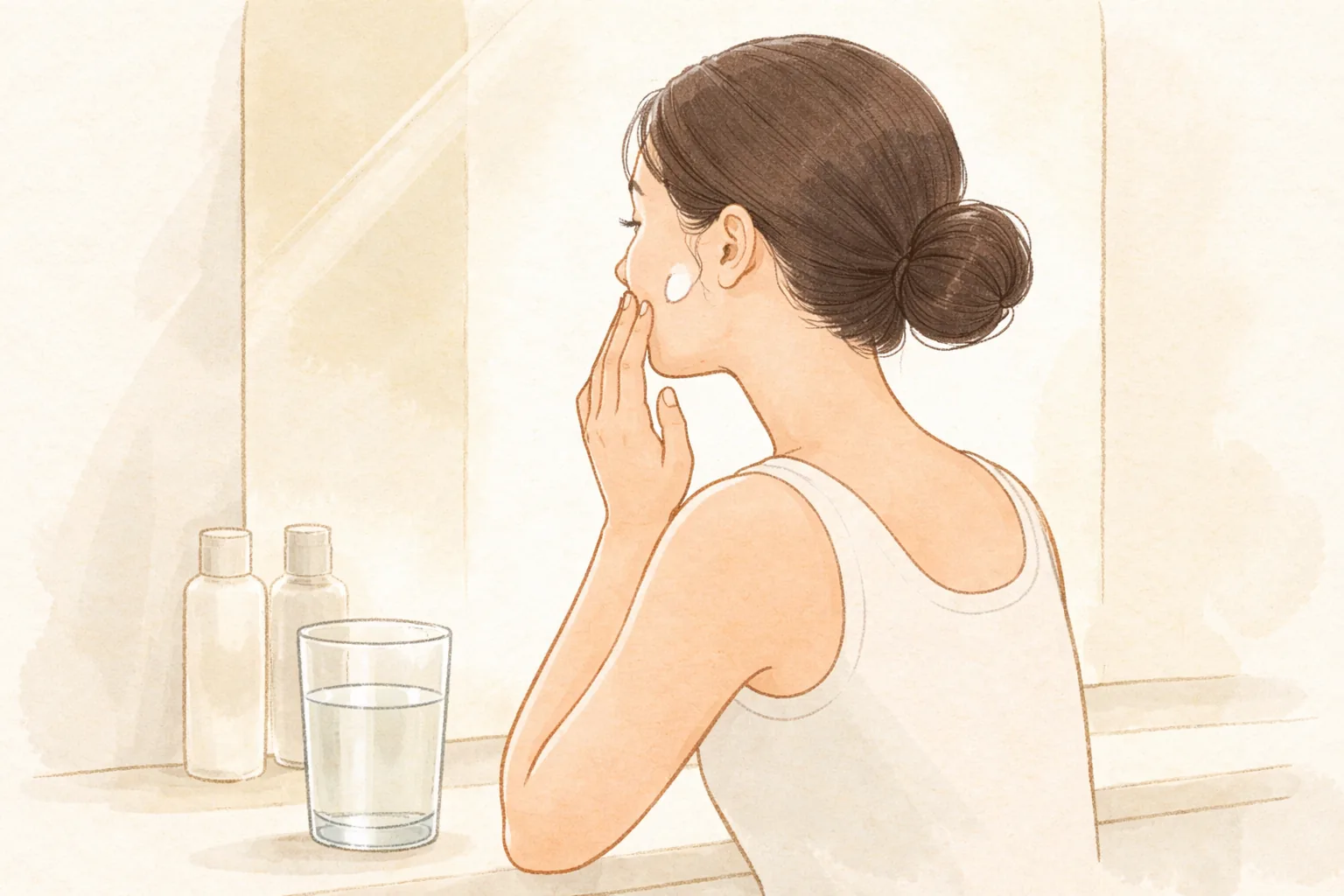 Side view of a woman applying cream to her cheek in front of a mirror