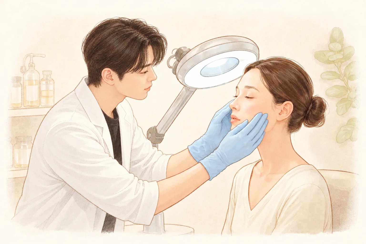 확대 조명 아래서 여성의 볼을 살펴보는 장갑 낀 의료진과 검사받는 여성