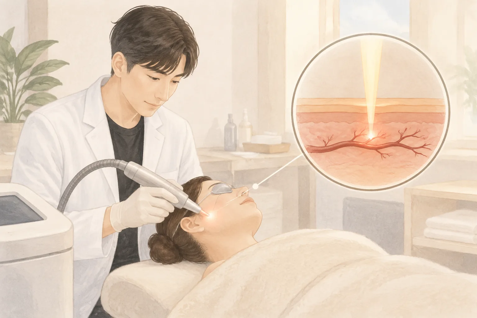 의사가 환자 얼굴에 시술용 기기를 사용하고 있고, 피부 단면 확대 그림에 붉은 혈관과 빛이 표현됨