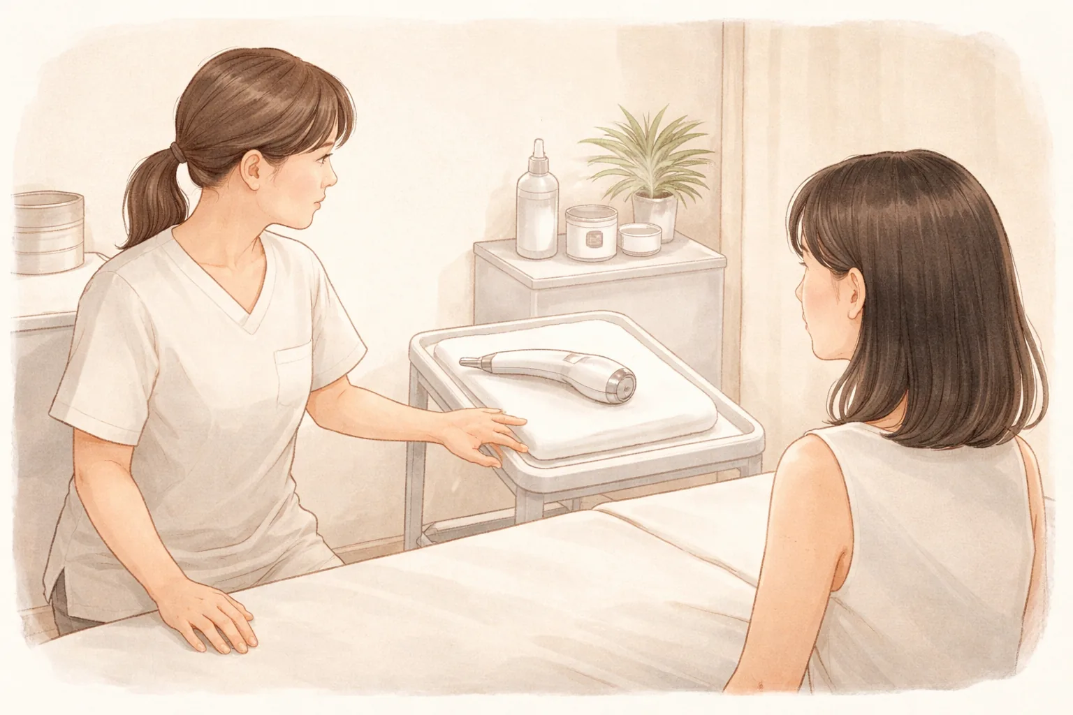 施術台の横のトレイ上の機器を指し示しながら女性に説明する医療スタッフと患者