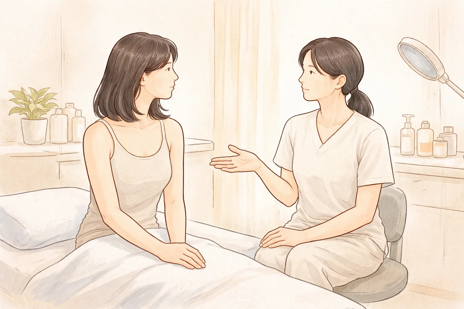 Mujer sentada en camilla conversando con personal médico