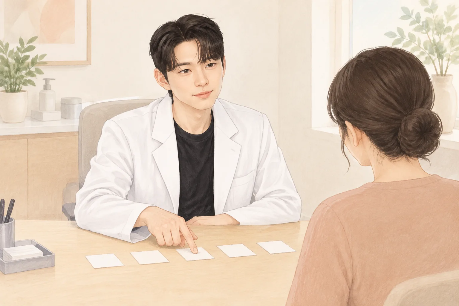 탁자 위 카드 사이 간격을 두고 설명하는 원장과 환자