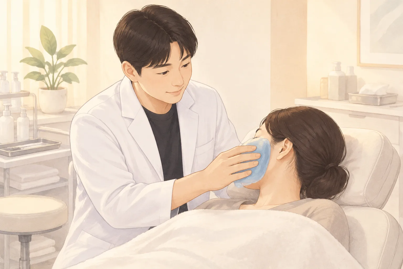 診療着の男性が横たわる女性の顔にジェルパックを当てている