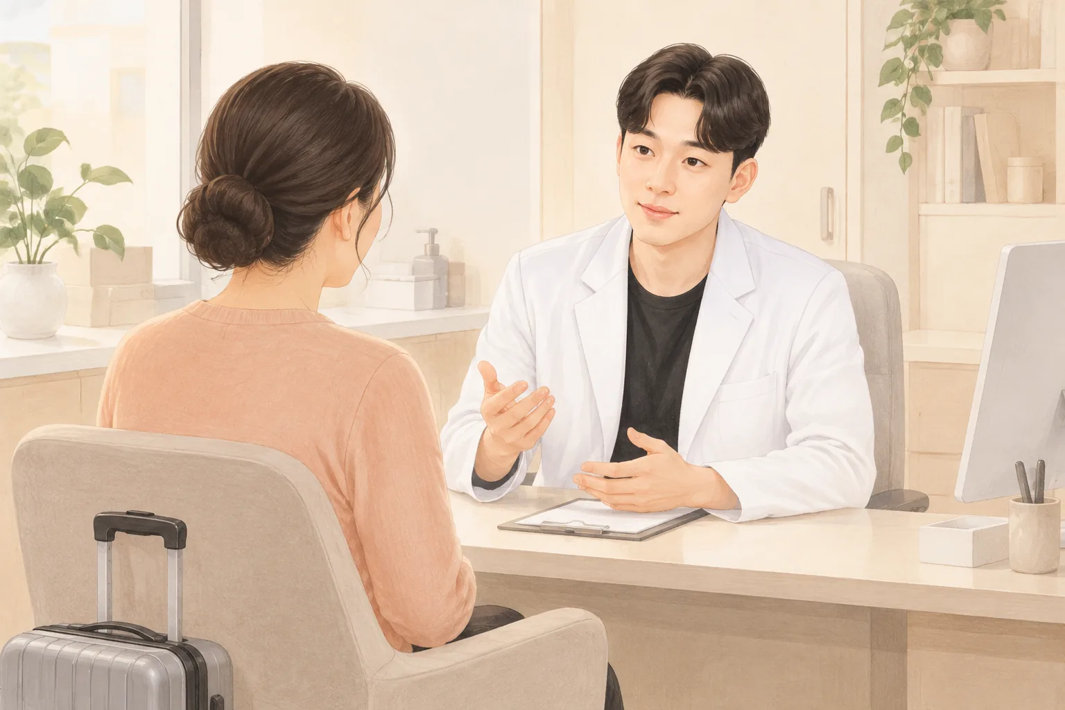 진료실에서 여성 환자와 상담하는 남성 의사와 옆에 놓인 작은 캐리어