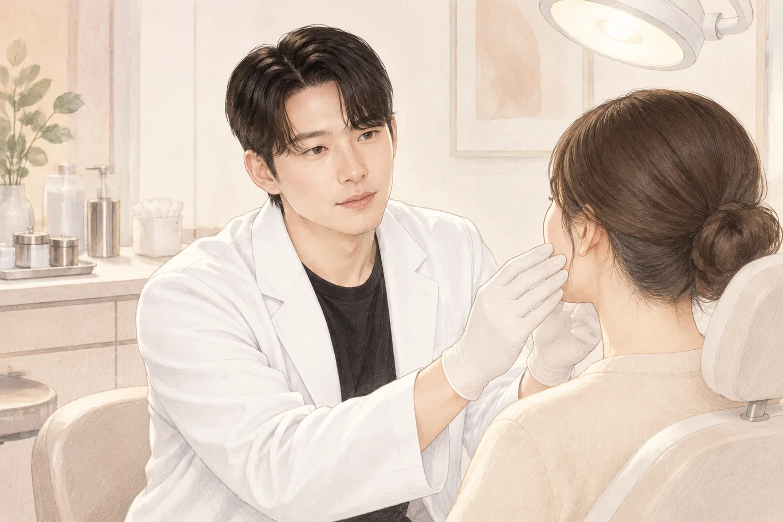 진료실에서 여성 환자의 볼을 살피는 남성 원장과 의자에 앉아 있는 여성 환자