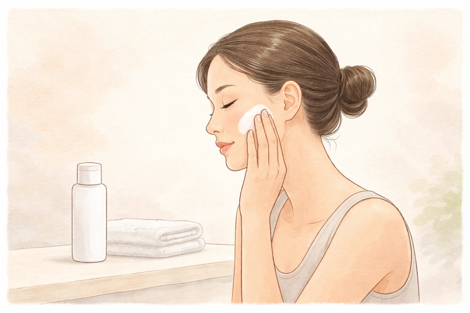 コットンで頬とあごに塗る女性と、そばに置かれた化粧品の瓶とタオル