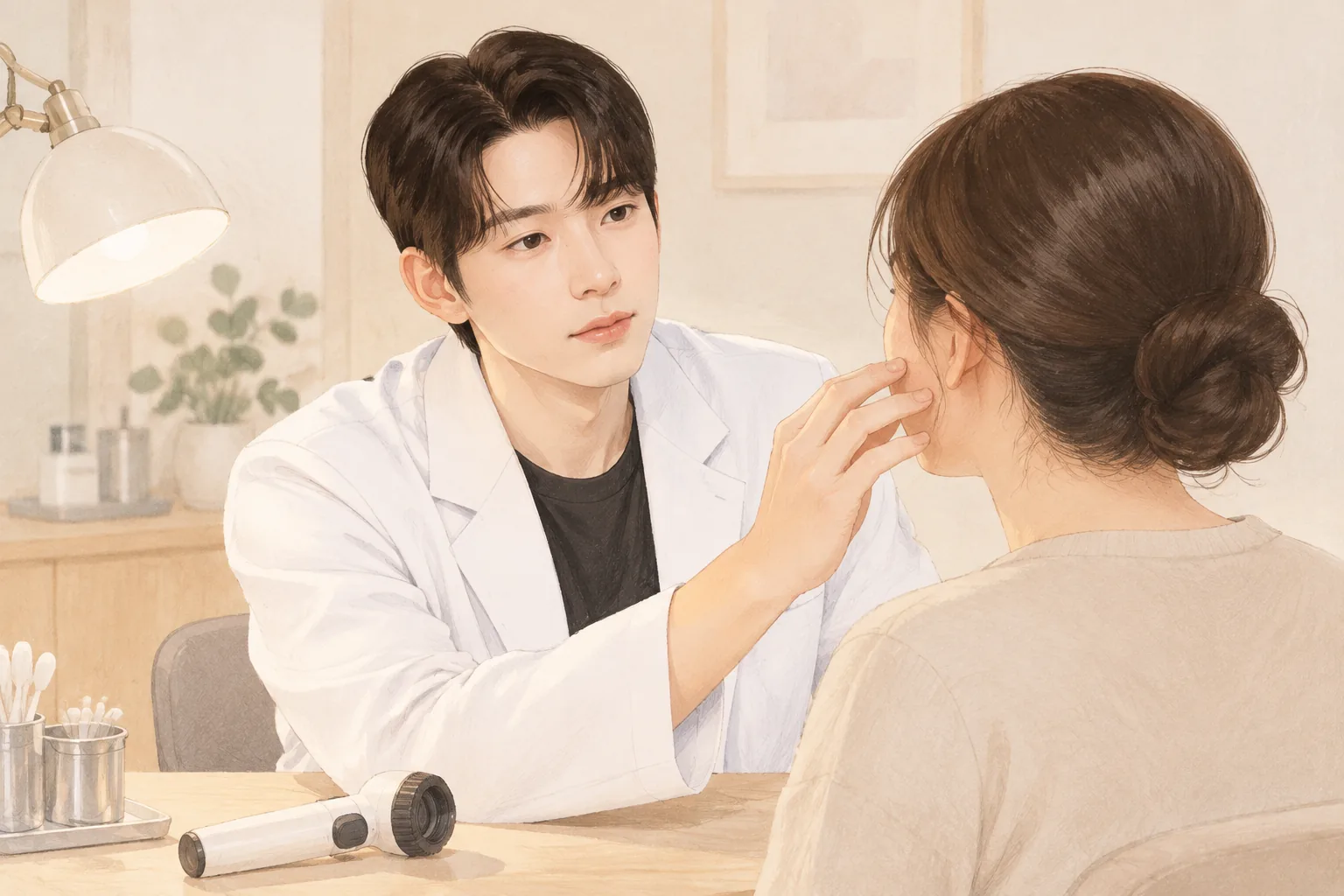 의사가 환자를 마주 보고 앉아 환자의 볼을 살펴보는 장면