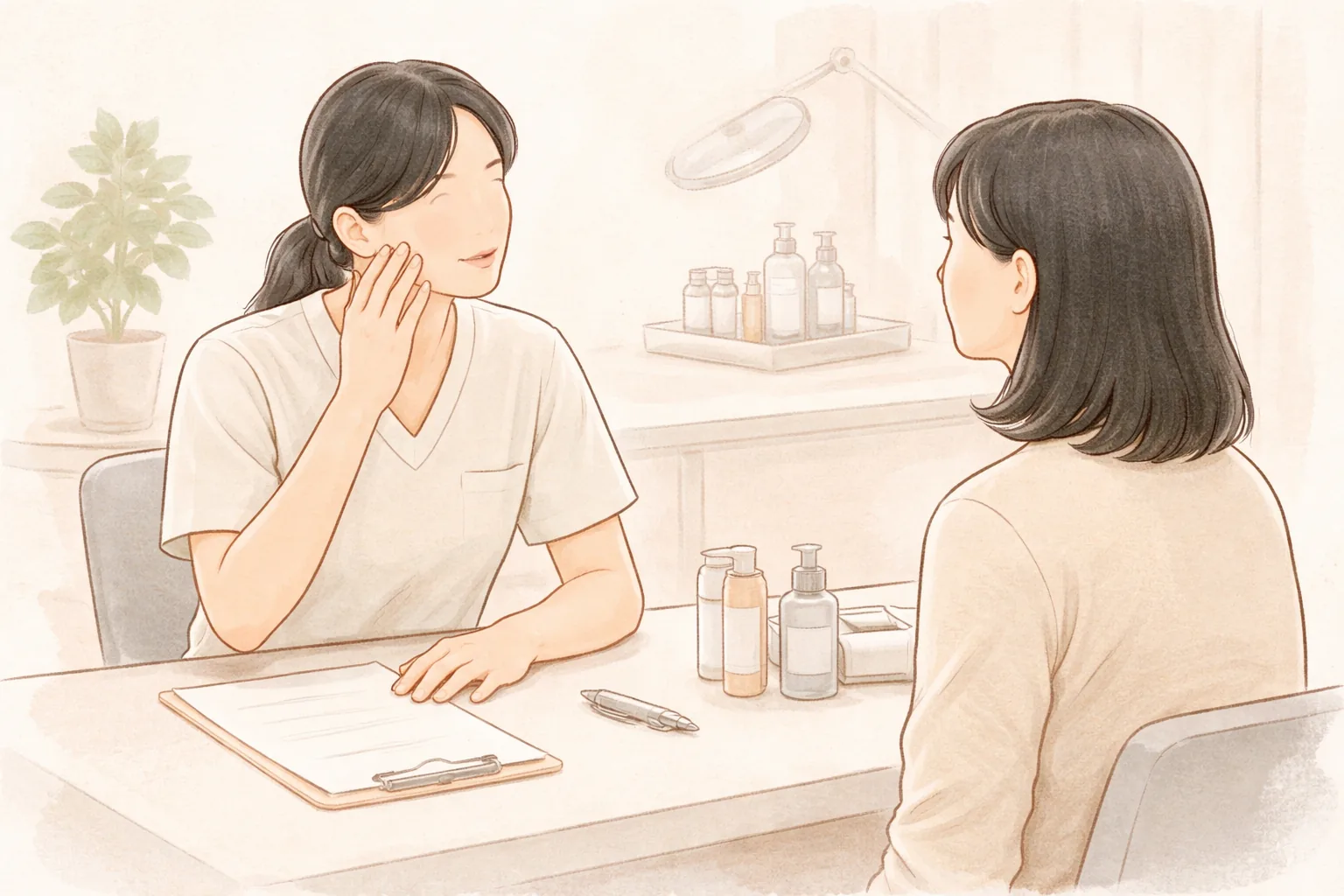 机の向こうに座って女性のほおを指で指し示しながら説明する女性と聞く女性