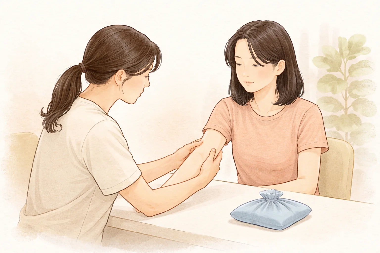 医务人员查看坐着的女性的手臂