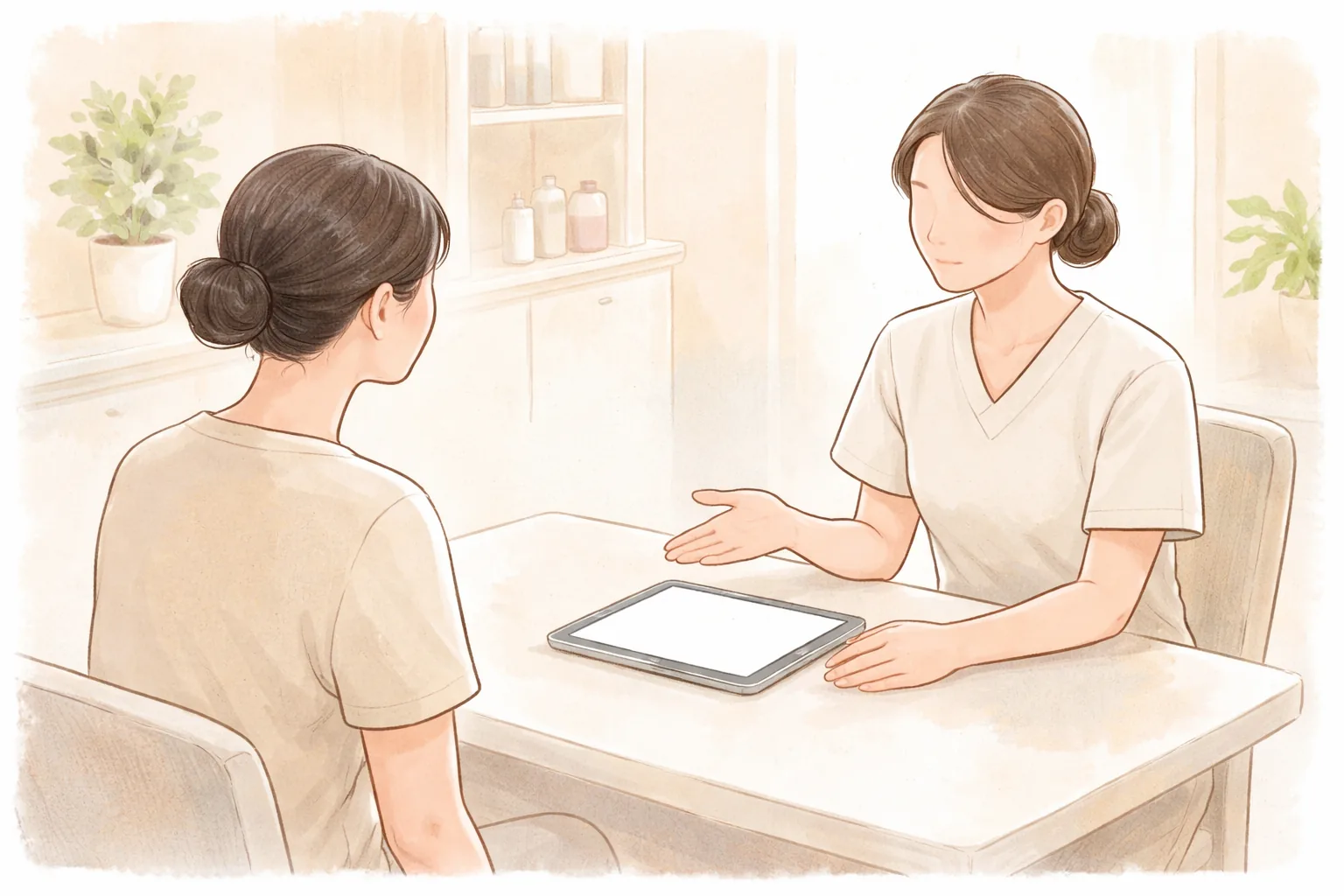 Dos mujeres sentadas frente a frente en una consulta luminosa, conversando mientras miran una tableta
