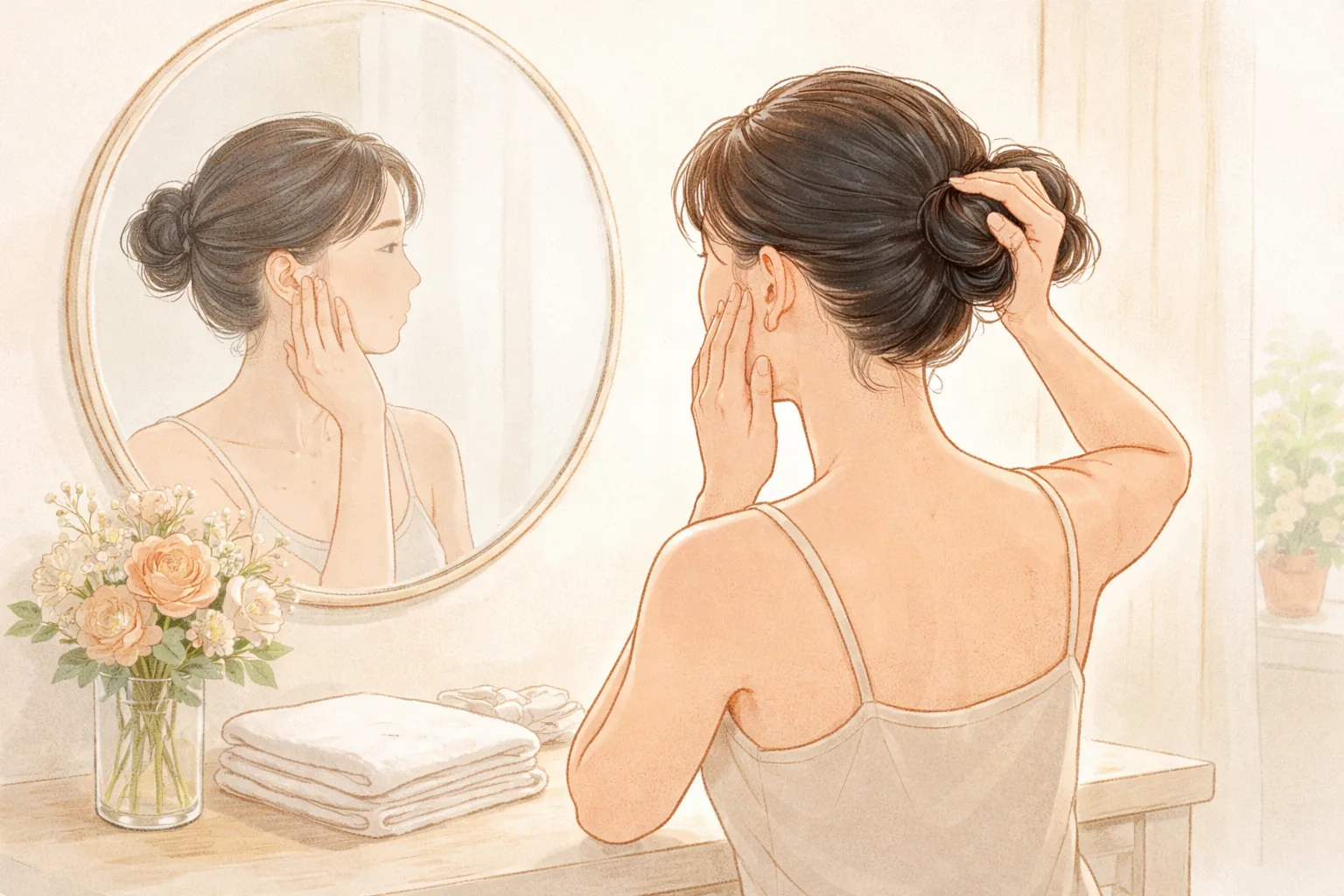 Woman touching her cheek with her hair up in front of a mirror, with a bouquet and towel on a side table