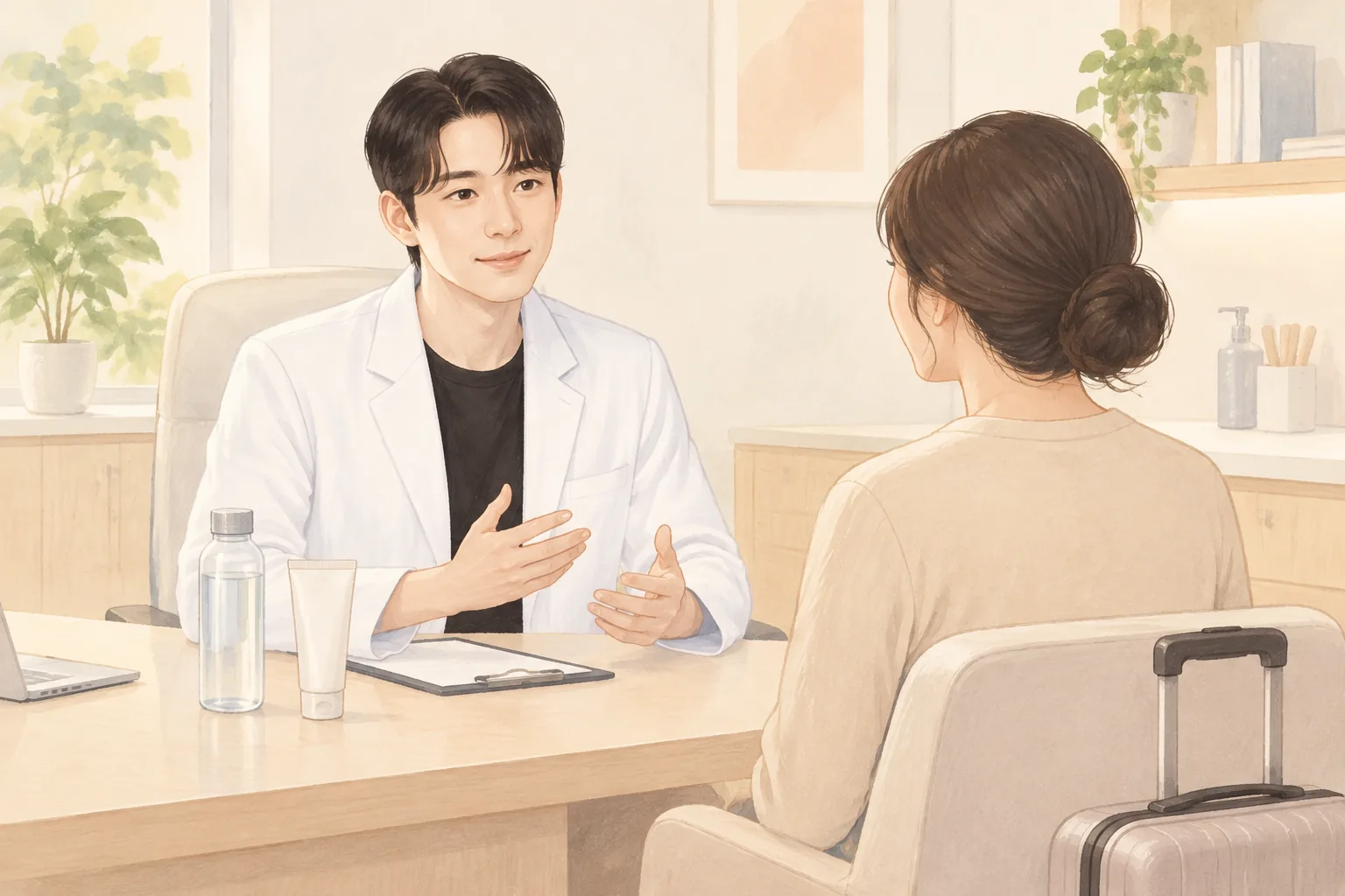 작은 캐리어 옆에 앉아있는 여성과 대화하는 남성, 테이블 위 물병과 튜브