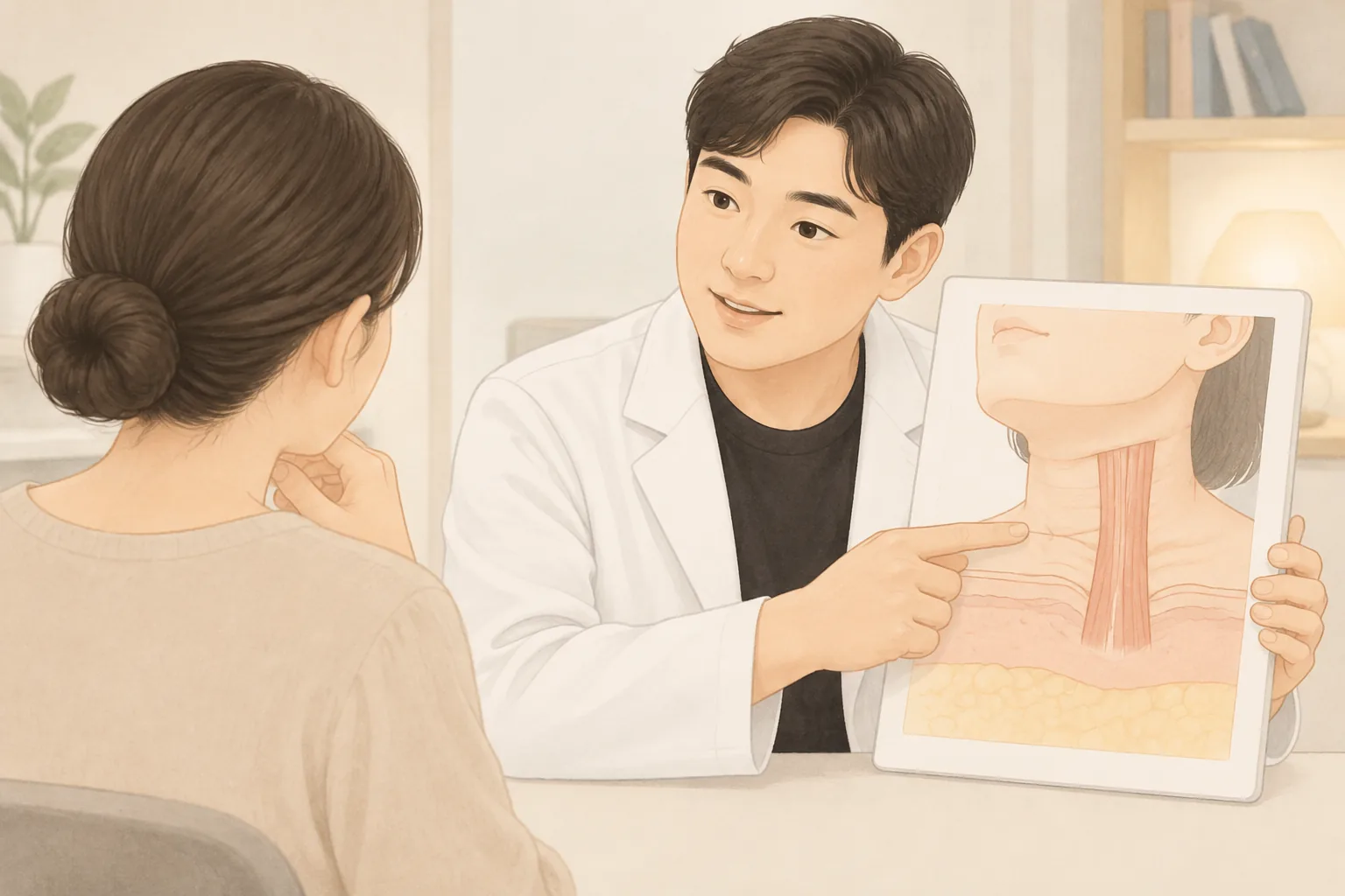 医生向女性展示颈部肌肉剖面图并咨询