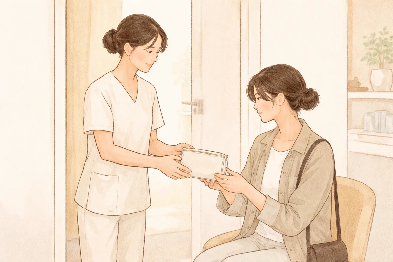 Clinician handing a small pouch to a woman seated near a clinic doorway