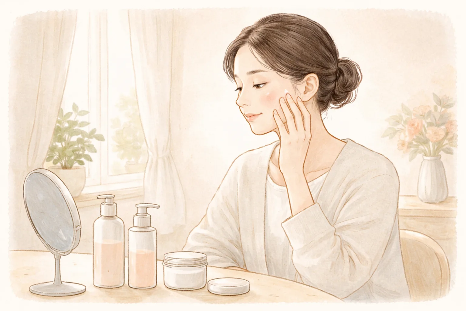 Woman sitting in front of a mirror applying cream to her cheek with one hand