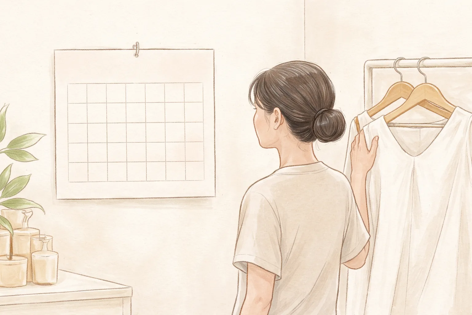 달력 앞에서 흰 드레스를 보며 서 있는 머리 묶은 여성