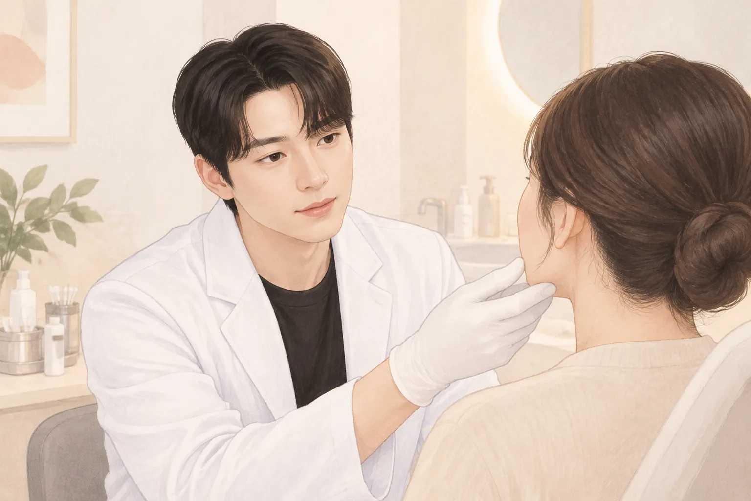 戴手套的男子轻轻抬起女性的下巴查看状态