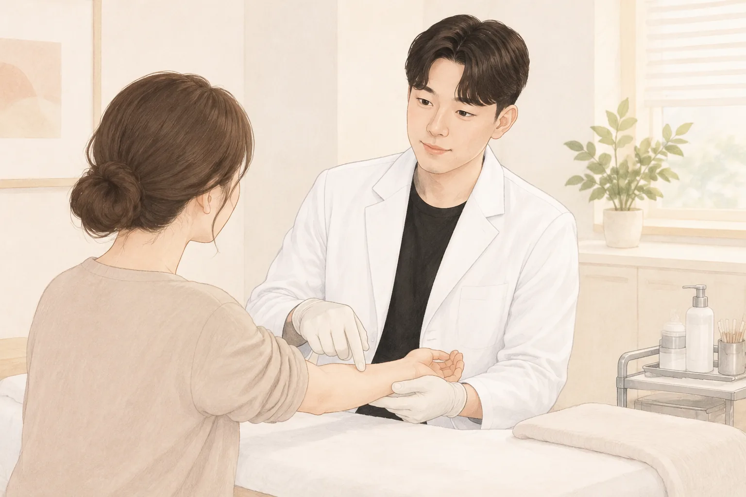 진료복을 입은 남성이 환자의 팔을 짚으며 설명하는 모습