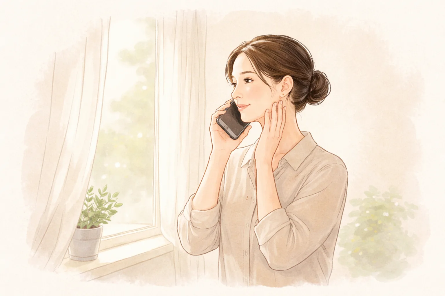 女性站在窗邊，手機貼在耳邊通話
