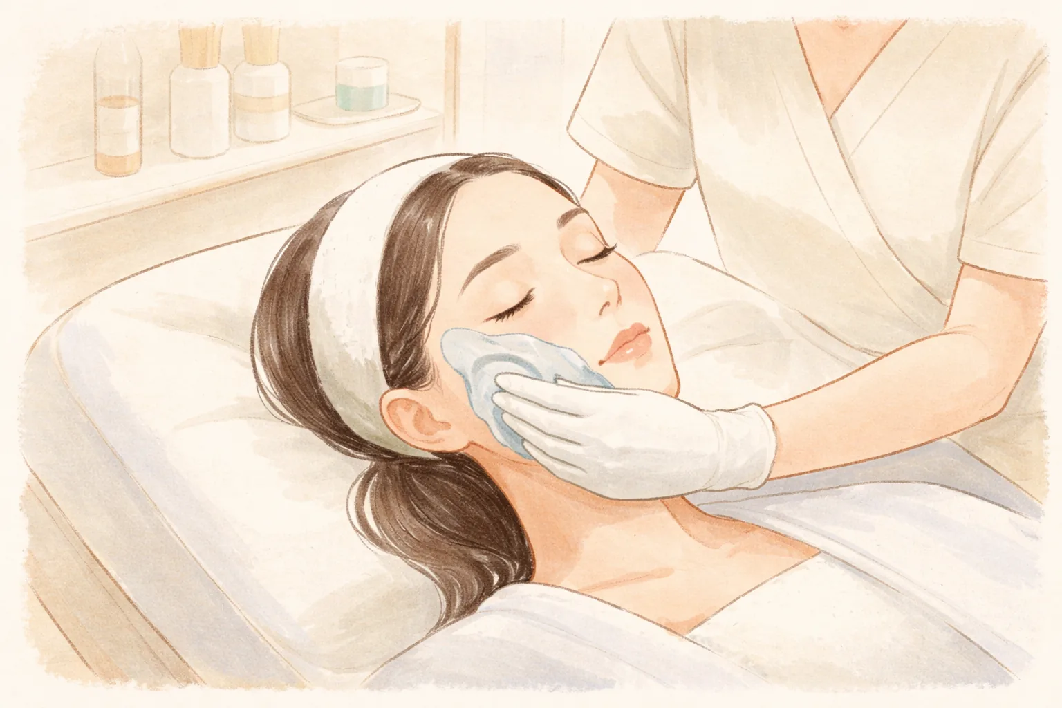 환자의 얼굴에 장갑 낀 손이 차가운 젤 시트를 올리고 있음
