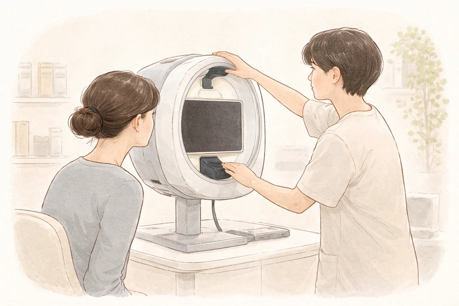 피부 분석 장비 앞에 앉은 여성과 장비를 조작하는 사람