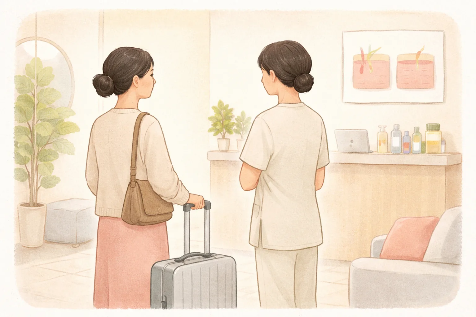 拉着行李箱的女性与医生交谈