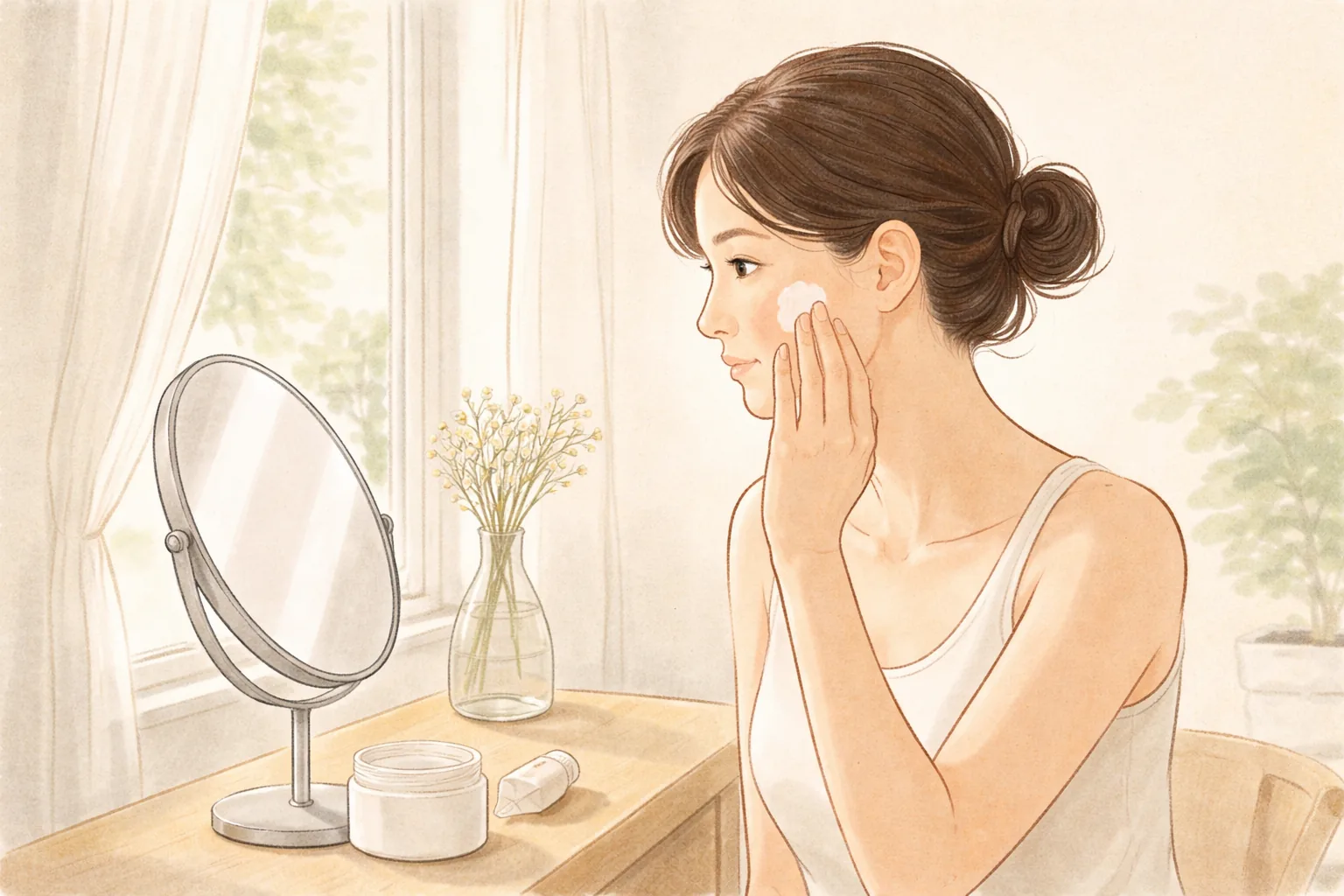 女性が鏡の前で頬にクリームを塗っている様子
